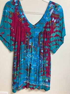 Bohemian V-Neck Tunic in Teal and Magenta